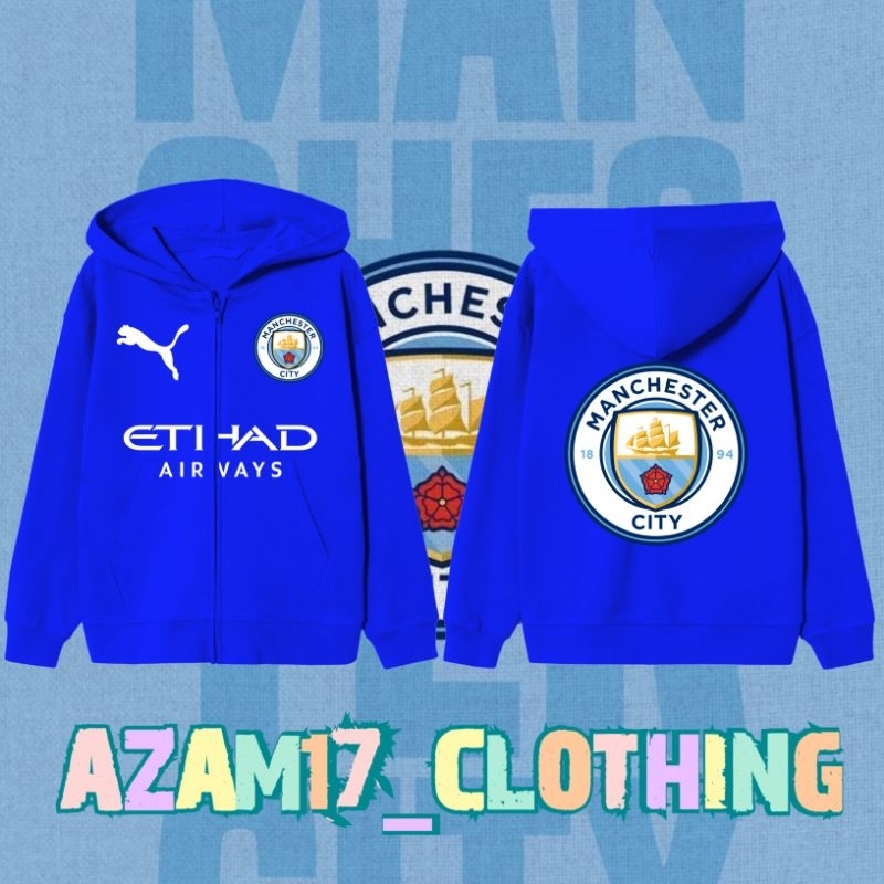 เสื้อแจ็กเก็ตกันหนาว มีฮู้ด แต่งซิป ลายทีมฟุตบอล Manchester City สําหรับเด็กผู้ชาย และเด็กผู้หญิง