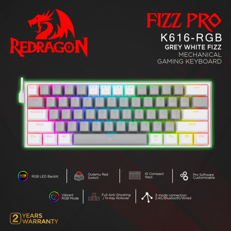 REDRAGON Reddragon Mechanical Wireless Gaming Keyboard GREY WHITE FIZZ -K616RGB