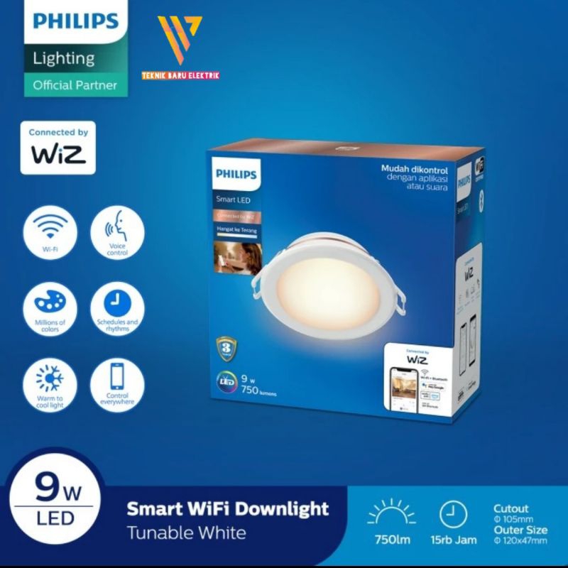Philips Downlight 9w LED WIFI บลูทูธ ปรับแต่งได้ สีขาว 9w แผงแอพ Smart Wiz  220v เพดานตกแต่ง D105