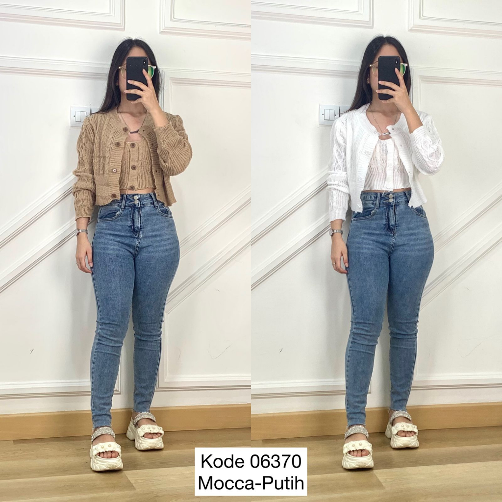 52960 - 06370 2IN1 KNITTED BLOUSE CROP INNER KNITTED TANGTOP LONG SLEEVE KNITTED OUTER FULL BUTT 2IN