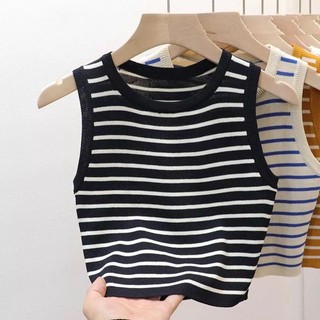 Tank Top Crop Salur Rajut Wanita | Inner Stripes Top Wanita Korean | Atasan Salur Non Lengan Leher Bulat Fashion Wanita | Tank Top import salur