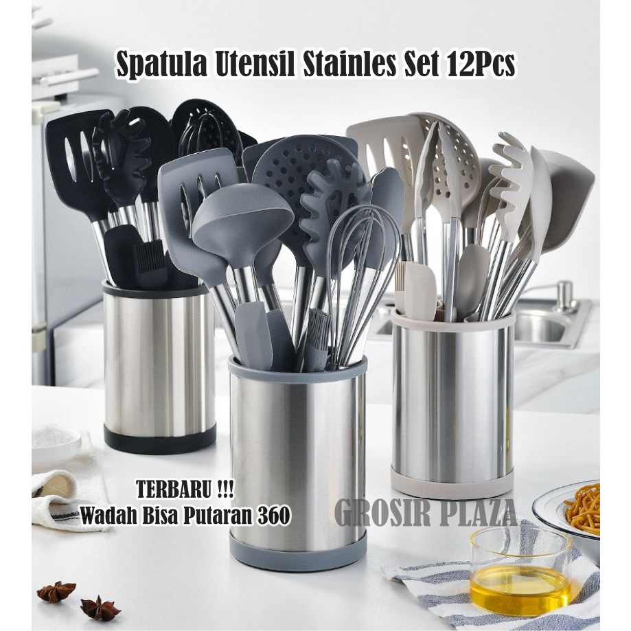 ชุดไม้พายซิลิโคน 12 ชิ้นรอบภาชนะ 360 หมุน - ชุดภาชนะซิลิโคนสแตนเลส PR168
