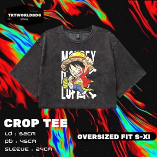 Tryworldbdg CROP ท็อปท็อปส์ซูเปอร์ไซซ์ "LUFFY" อย่างเป็นทางการ | เสื้อครอป โชว์หลัง | เสื้อยืด พิมพ์ลาย Luffy CHIBI WASHING VINTAGE