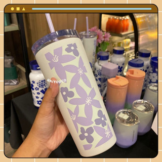 Tumbler Starbucks แก้วน้ําสเตนเลส ลายดอกไม้ สีม่วง ขนาด 473 มล.