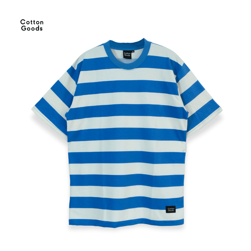 Cotton Goods เสื้อยืดลายทางขนาดใหญ่ Baby Terry Flick Blue White Striped Tees