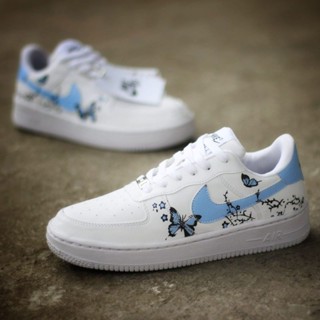 Nike Air Force 1 เชือกผูกรองเท้า โลหะ สีขาว ฟ้า นําเข้าจากผีเสื้อ พรีเมี่ยม พร้อมกล่อง ใบรับรอง AF1+