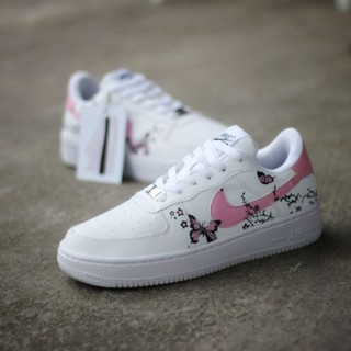 Nike Air Force 1 White Peach Butterfly Import Premium รวมกล่อง, เชือกผูกรองเท้าโลหะ AF1 + ใบรับรอง Poizon