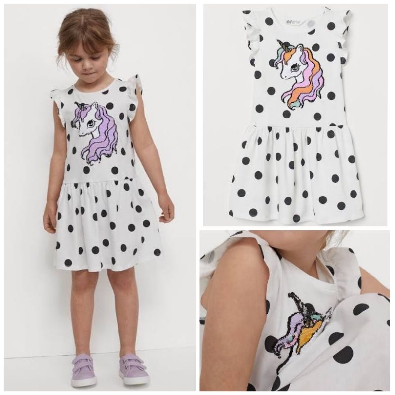 H&M HNM Motif-เดรสรายละเอียด - สีขาวธรรมชาติ/เลื่อมยูนิคอร์น - Kids ORI STORE