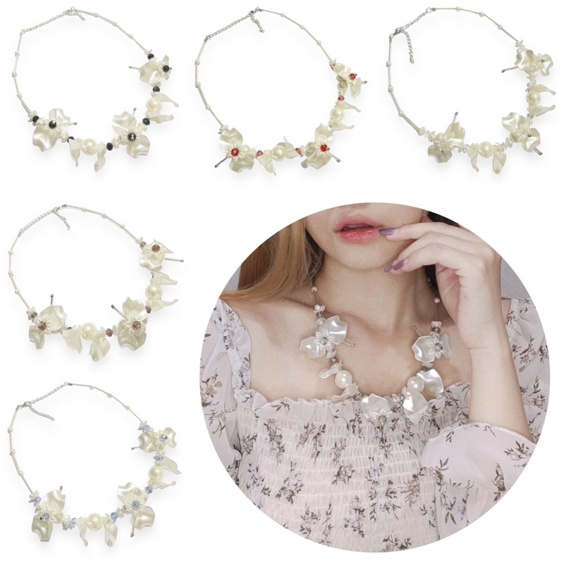 Ophelia Flowery Pearl Necklace สร้อยคอคริสตัลยาว ดอกฮิญาบมุก