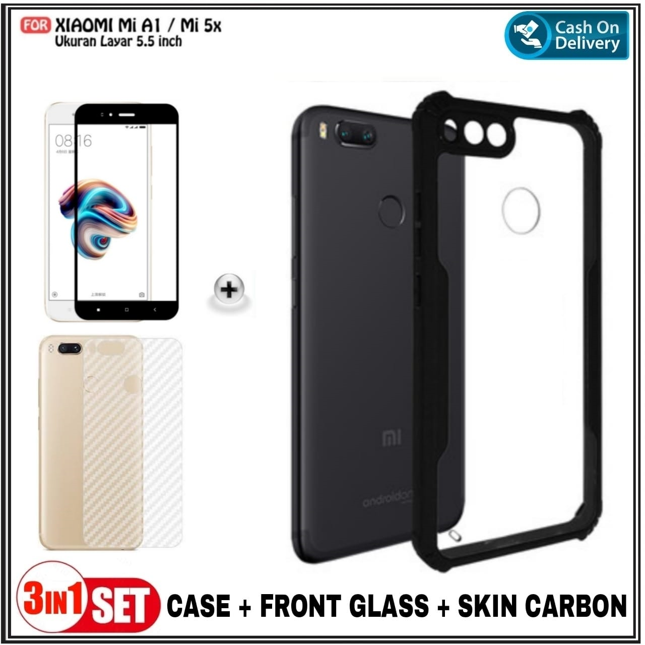 3in1 Case Package Xiaomi Mi A1, Mi 5X Casing Cover + Tempered Glass Mondi Store