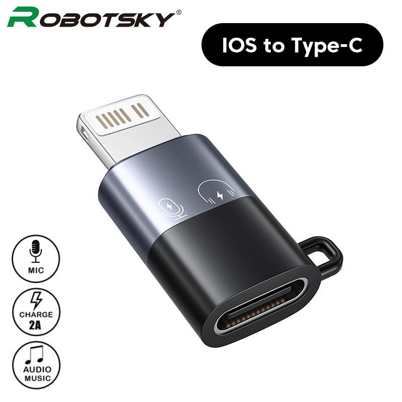 Robotsky Type-C Female to Lightning Male Adapter - Audio Mic Microphone External Portable Charge Data Transfer Support iPhone Converter ชุดหูฟังแฮนด์ฟรีสําหรับเสียงเท่านั้น Fast Support ชาร์จ OTG Flashdisk USB-C