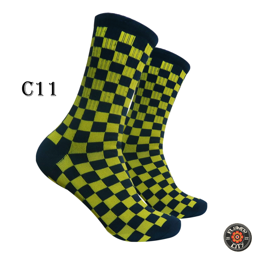 Oldschool Checkerboard Socks สีกรมท่า เหลือง - Series C - (FC) No. ค11