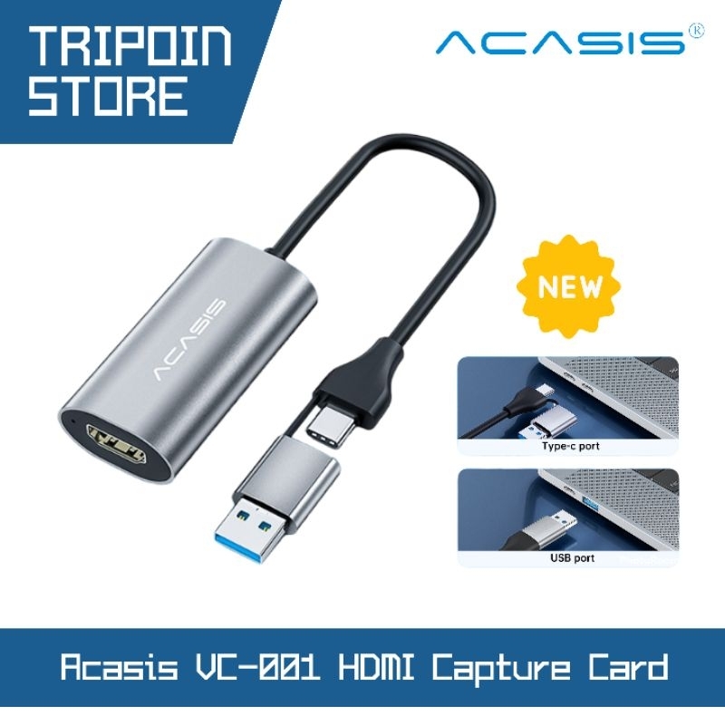 Acasis การ์ดจับภาพวิดีโอ HDMI อินเทอร์เฟซคู่ USB Type C และ USB Type A - 1080p 60fps USB 3.0 2.0 เกม