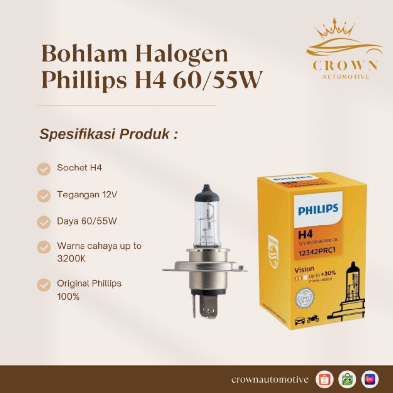 Philips หลอดไฟฮาโลเจน H4 12V 60/55W มาตรฐาน / หลอดไฟ Philips H4 12V