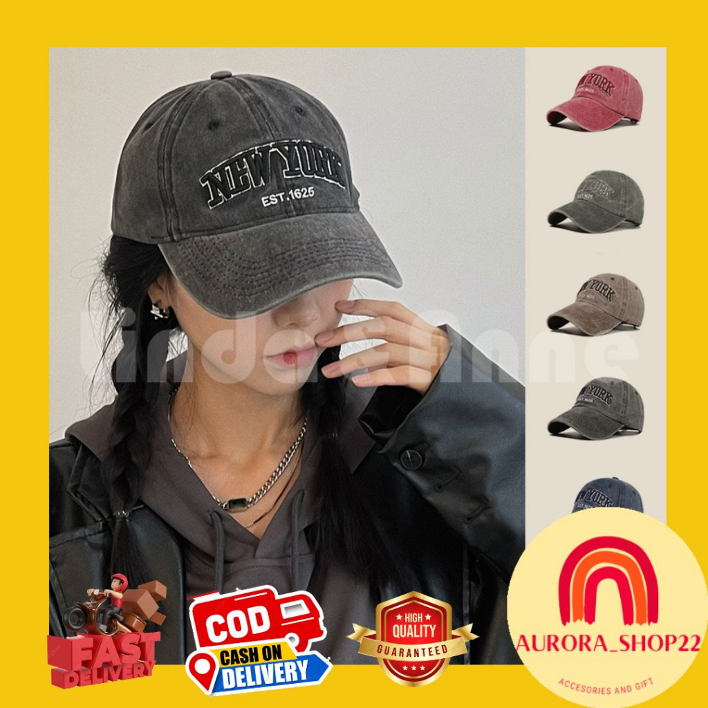 หมวก BASEBALL ผู้ชายและผู้หญิง UNISEX พร้อมหมวก NEW YORK MOTIF, สีล้าง ACID, PREMIUM IMPORTED DISTRO