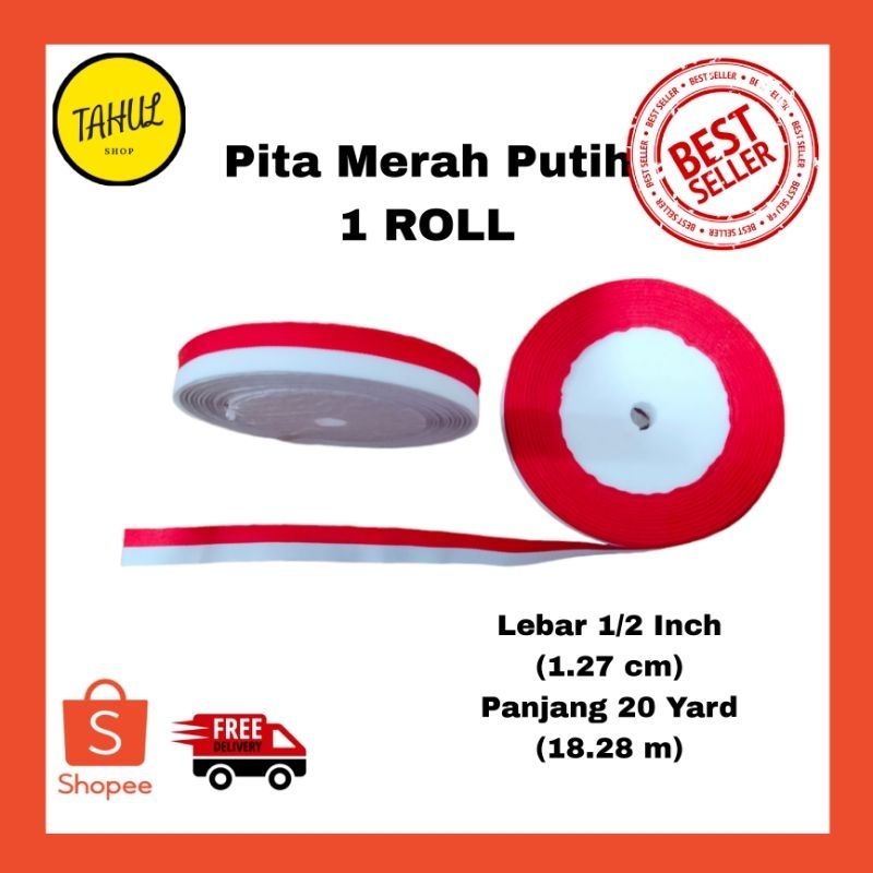 MERAH 1 ม้วน!!! RIBBON ผ้าสีแดงและสีขาว 1/2 นิ้ว / RIBBON PER ROLL / RIBBON 1 ม้วน / ริบบิ้นผ้าขาวแด