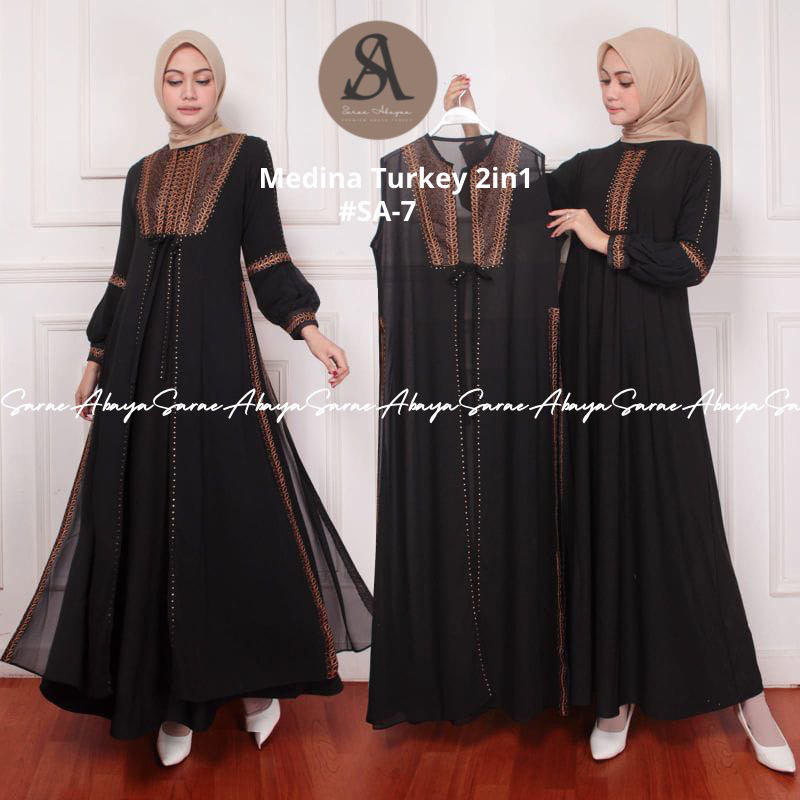 Sarae Abaya ตุรกี 2in1 พรีเมี่ยม Medina ด้านนอก SA-7 Gamis ปักเลื่อม Ceruty Türkiye สีดําหรูหรา Eleg