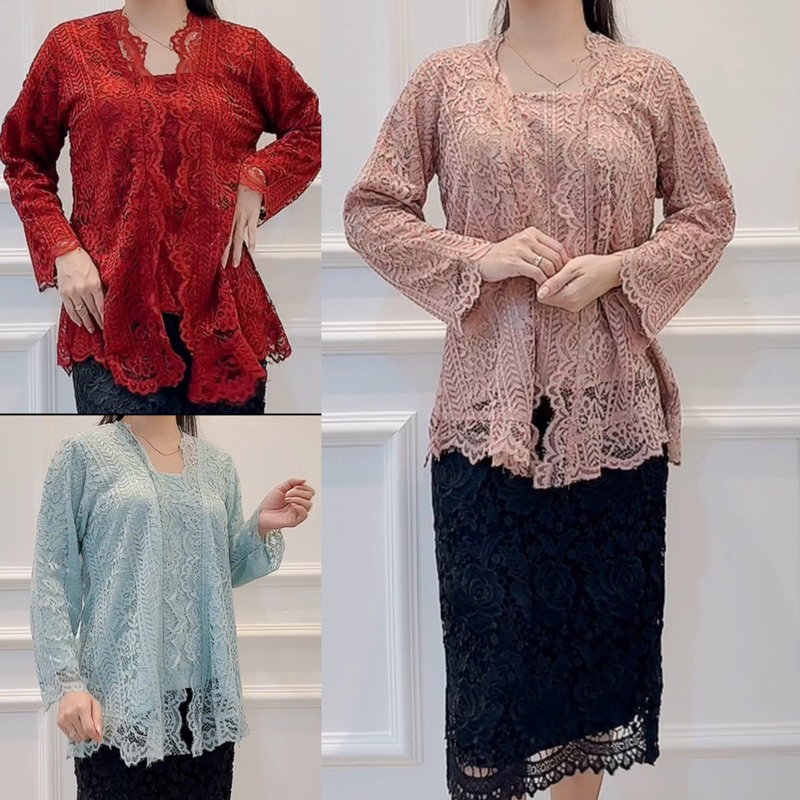 เพิ่ม 02 KEBAYA OPEN BROCADE ผู้หญิง KUTUBARU TRADITIONAL BLOUSE TOP UNIFORM LONG SLEEVE SML XL