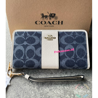 Coach กระเป๋าสตางค์ ใบยาว มีซิป พร้อมลายเซ็นเดนิม