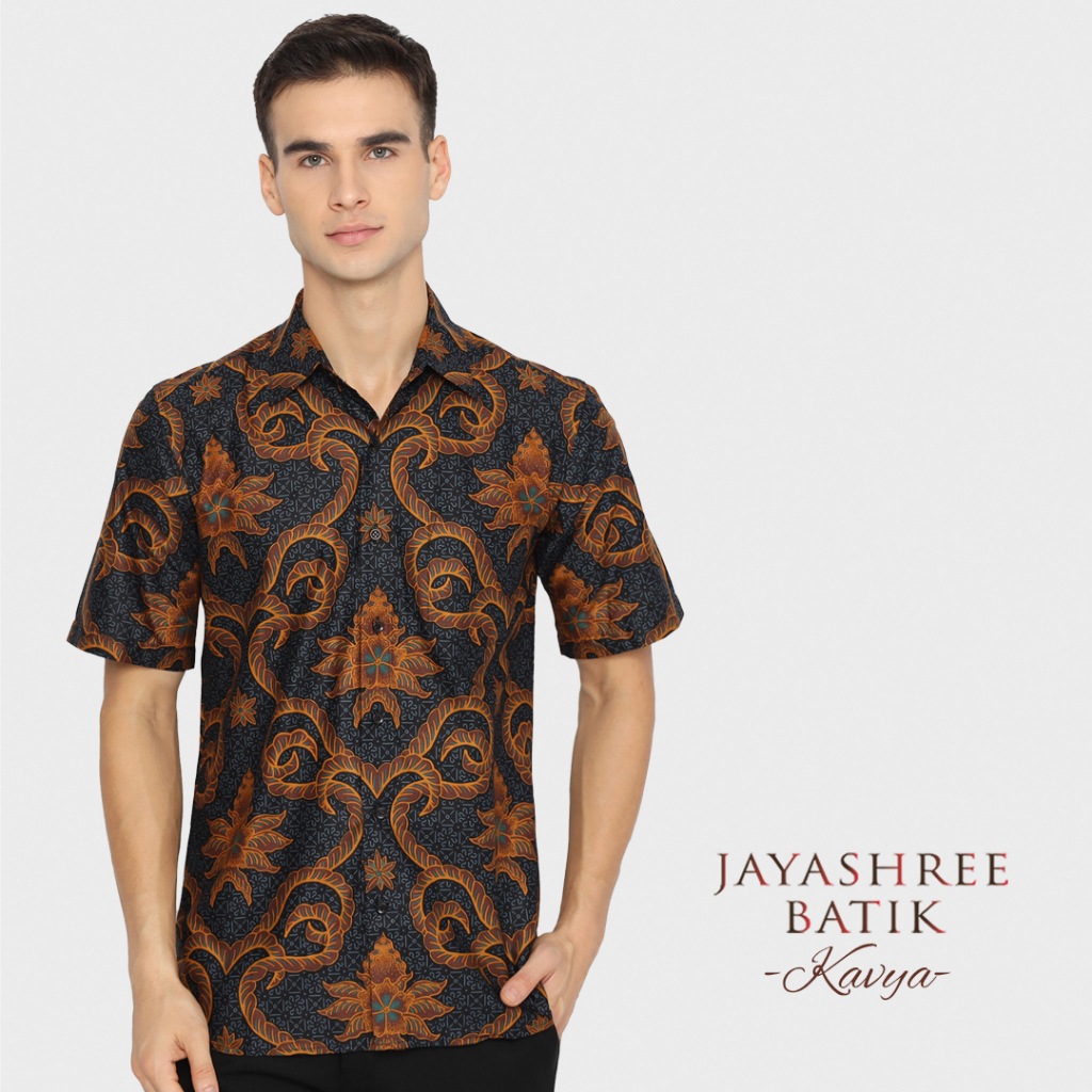 KEMEJA KATUN JAYASHREE - วัสดุผ้าฝ้ายพรีเมี่ยมสีดํา Kavya - เสื้อทํางานผ้าบาติกแขนสั้นผู้ชายทรงเข้าร