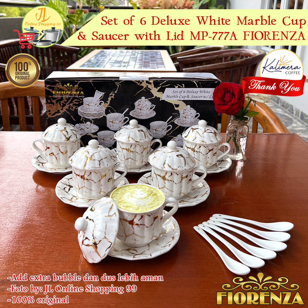 ชุดถ้วย FIORENZA 6 คู่ + ช้อน + ฝา series duluxe หินอ่อนสีขาว motif 220ml MP-777A / ชุดน้ําชา ถ้วยกา