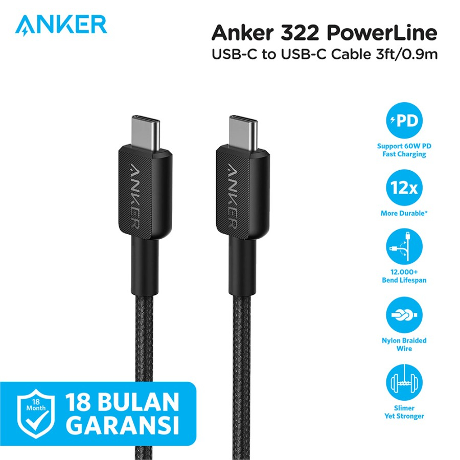 Anker 322 USB-C to C Nylon 3ft Braided Fast Data Charger Cable A81F5