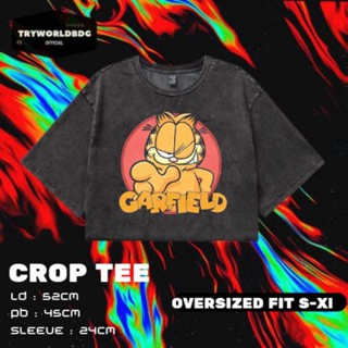 Tryworldbdg CROP เสื้อครอปท็อป "GARFIELD" อย่างเป็นทางการ | เสื้อครอป โชว์หลัง | เสื้อยืด พิมพ์ลาย Garfield WASHING VINTAGE TEE CROP TOP