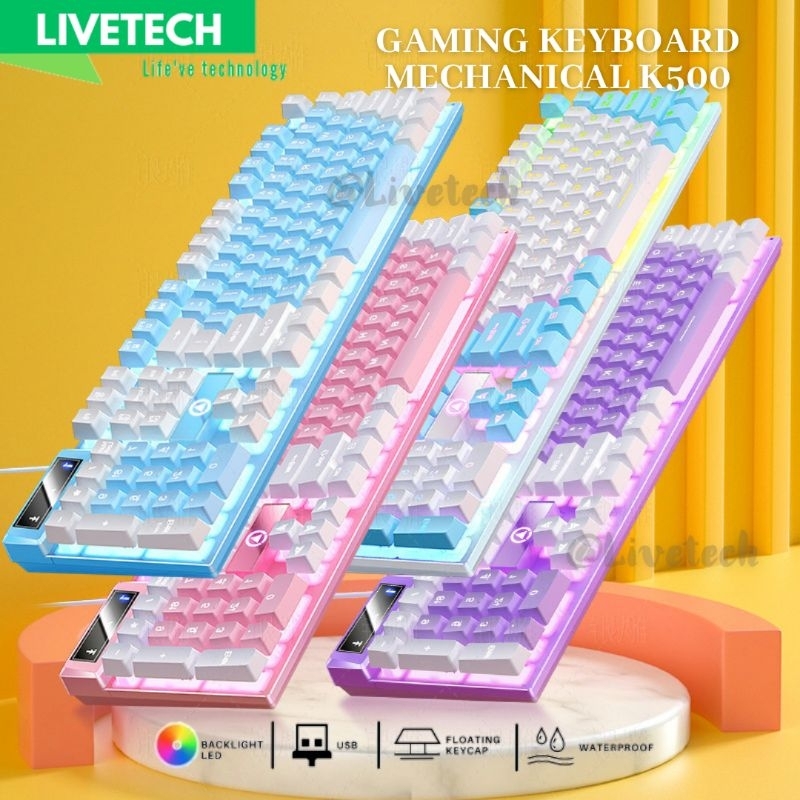 UNGU LIVETECH Gaming Keyboard Mechanical Feel สีชมพูสีม่วงสาวน่ารัก LED backlight แบบพกพา gamen คีย์