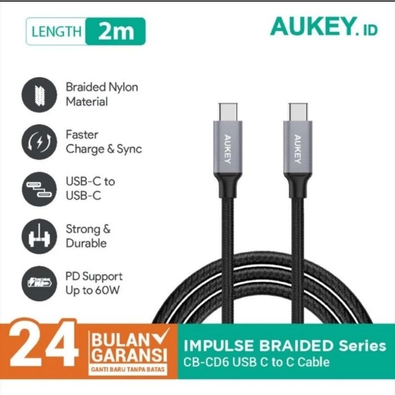 สายชาร์จ Aukey CB Type C - สายไนลอนถัก CD6 2M