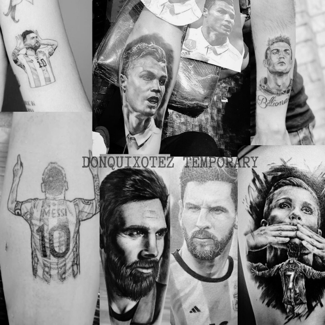 Custom ชั่วคราว Tattoo สติกเกอร์กันน้ํา GOAT ไอคอนฟุตบอล Motif สติกเกอร์ Messi Cryiano Ronaldo Tattoo ชั่วคราว CR7 LM10 Best Player ภาพประกอบ Tattoo Tatto ฮาลาล Lasts 1 สัปดาห์คุณภาพพื้นฐาน
