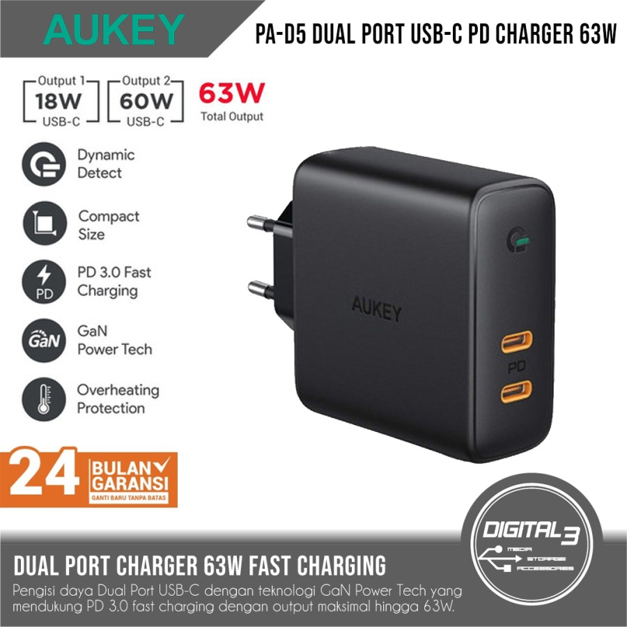 Aukey Fast Charger PA-D5 Dual Port USB Type C 63W PD QC GaN Adapter