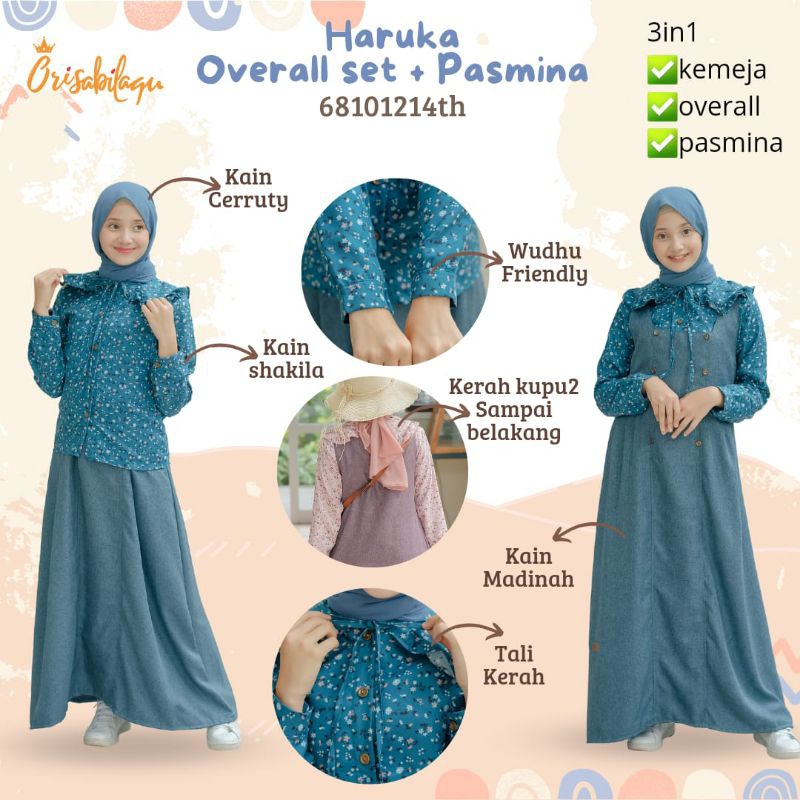 [M Mikha House] Haruka Overall Set 6T / Set 3in1 Overall Skirt Pashmina Gamis