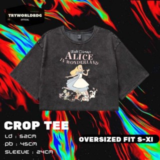 Tryworldbdg OFFICIAL "ALICE IN WONDERLAND" CROP TOP OVERSIZED | เสื้อครอป โชว์หลัง | เสื้อยืด พิมพ์ลาย Alice IN WONDERLAND WASHING VINTAGE TEE CROP