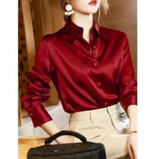 Maroon SATIN เสื้อเชิ้ตแขนยาว ผ้าเรยอน หรูหรา นําเข้าจากออฟฟิศ สําหรับผู้หญิง