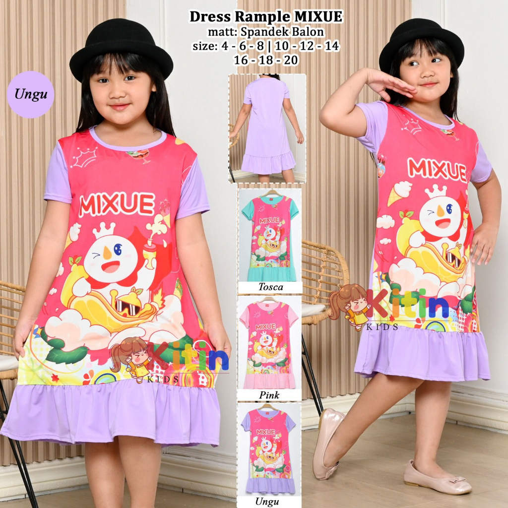Op - CHILDREN& 39;S REPMPEL TUNIC DRESS IMAGE FRONT IMAGE MIXUE ICE CREAM MOTIF ขนาด 5-11 ปี