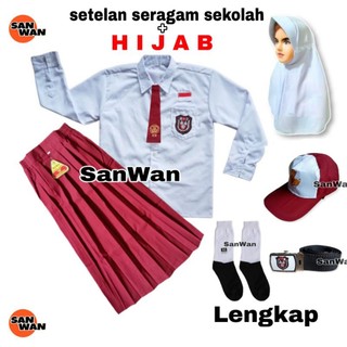 Setelan Seragam Sekolah SD Perempuan Merah Putih Plus Hijab Baju Rok Panjang