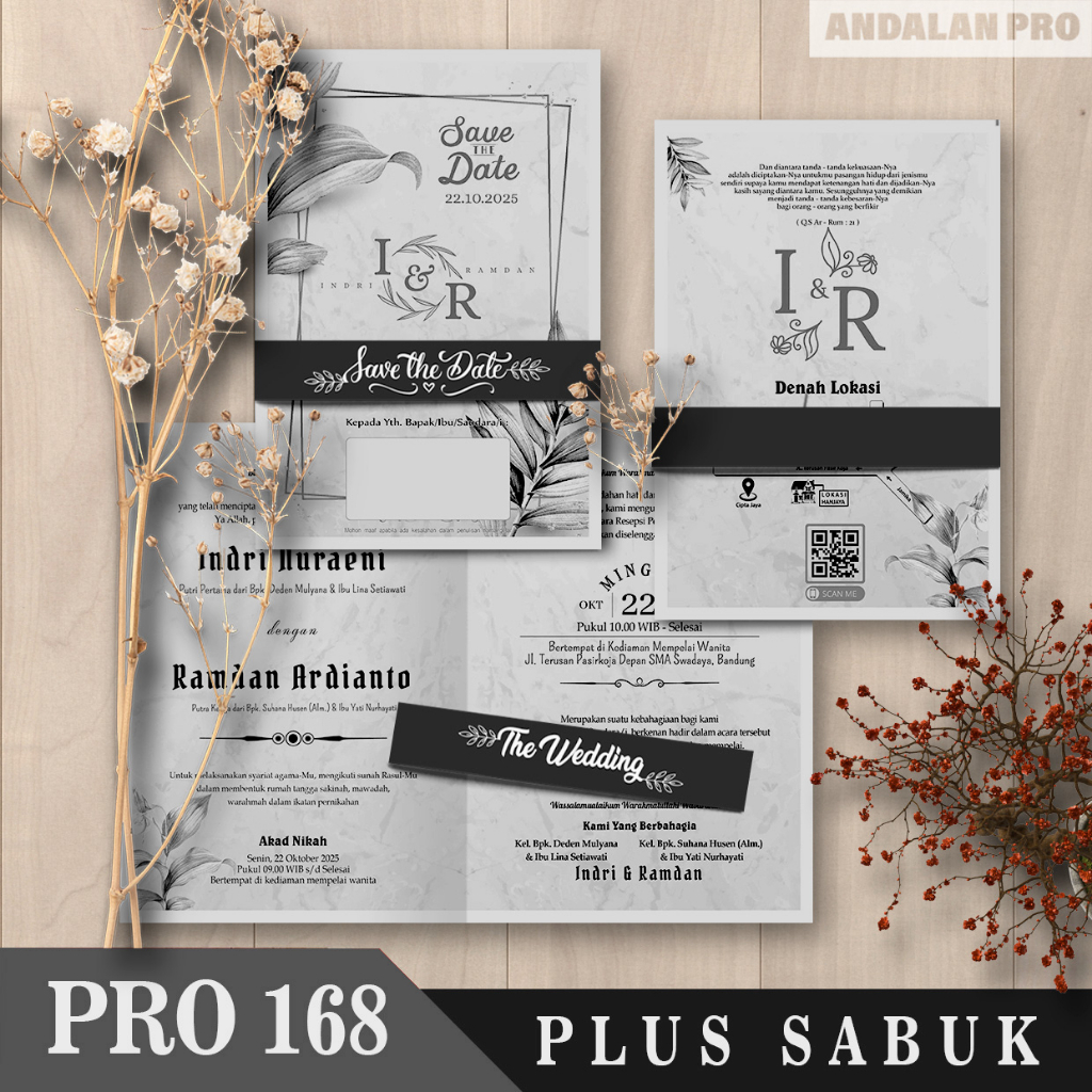 PRO168 Greyscale / สีดําและสีขาว - พิมพ์คําเชิญงานแต่งงาน Plus เข็มขัด, กระดาษจัสมิน - BC 150 GSM - 