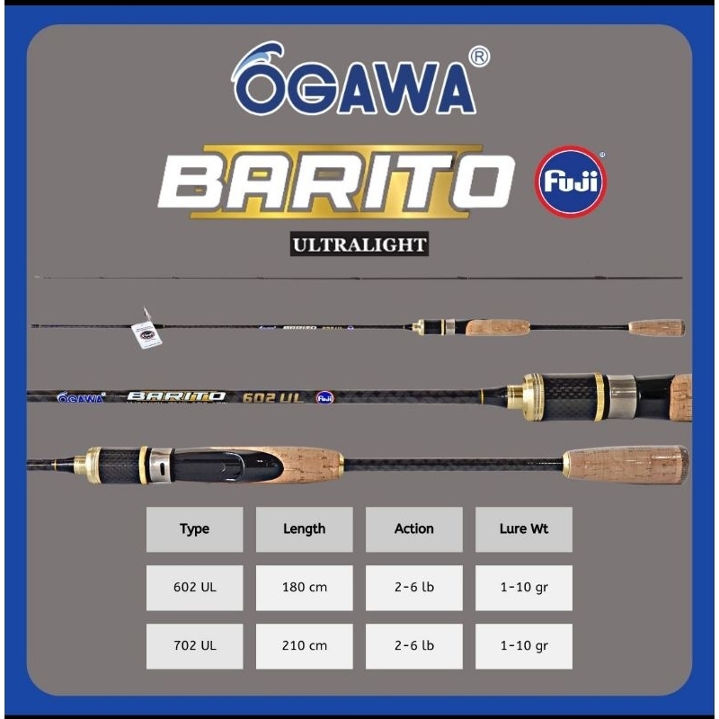 ROD ULTRALIGHT OGAWA BARITO 602 UL 702 UL 2-6LB คาร์บอน SOLID RING FUJI