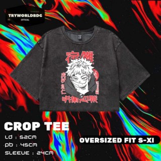 Tryworldbdg OFFICIAL "Jutsu KAISEN" CROP TOP OVERSIZED | เสื้อครอป โชว์หลัง | เสื้อครอปท็อป ITADORI แฟชั่น SUKUNA WASHING VINTAGE