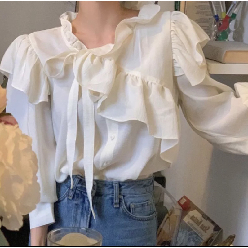 EUNOIA.CO [CILA] เสื้อลูกไม้เกาหลีสีขาวแขนยาวนําเข้า