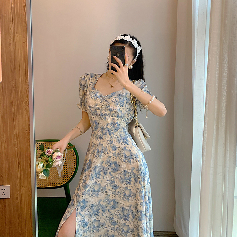 Ib0032 NF888 Midi Dress เดรสลายดอกไม้สีฟ้านําเข้าร่วมสมัยสไตล์เกาหลี