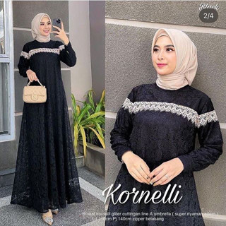 Gamis KORNELI DRESS WD M L XL XXL ชุดเดรส แต่งลูกไม้ กลิตเตอร์ สีดํา สีกรมท่า สไตล์เกาหลี สําหรับผู้หญิง