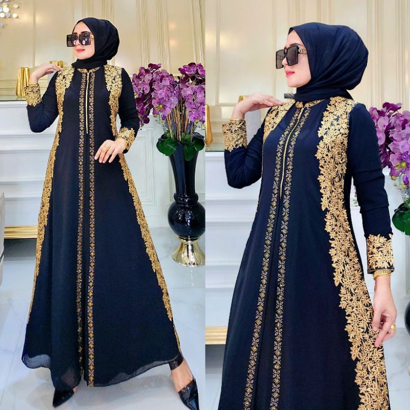Hitam Gamis ABAYA TURKEY Tille เย็บปักถักร้อย NAYLA สีดําและสี