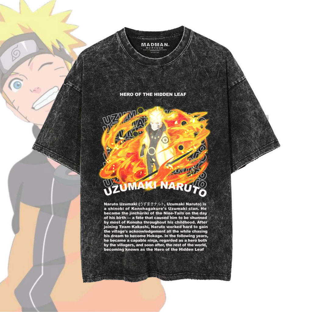 เสื้อยืดอนิเมะ MADMAN Oversize Washed NARUTO HERO OF THE HIDDEN LEAF | โว หมายเลข-24