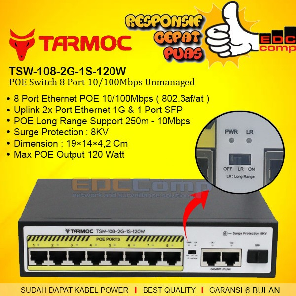 Tarmoc TSW-108-2G-1S-120W 8 พอร์ต 10/100 POE 802.3af/at POE Switch 120W