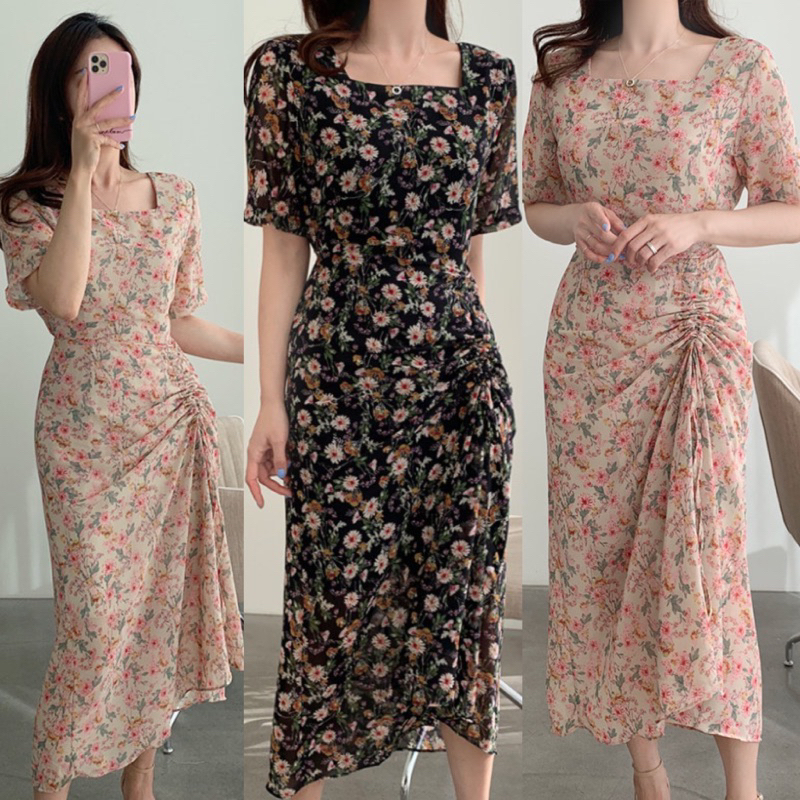 PREMIUM MATERIAL / D0330 HANABI สไตล์เกาหลี FLORAL VINTAGE MIDI DRESS SQUARE NECK SUMMER BEACH