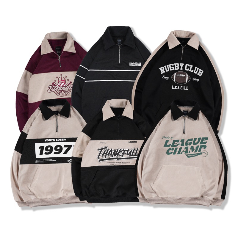 [N01161] THANKFULL Motif Rugby Pocket Sweater Jacket