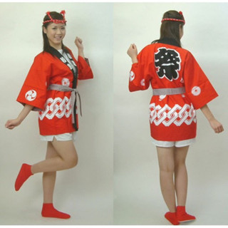 [QTakasi] เสื้อแจ็กเก็ต คอสเพลย์อะนิเมะญี่ปุ่น HAPPI COAT KImonO TuKaTA JAPANESE สีแดง