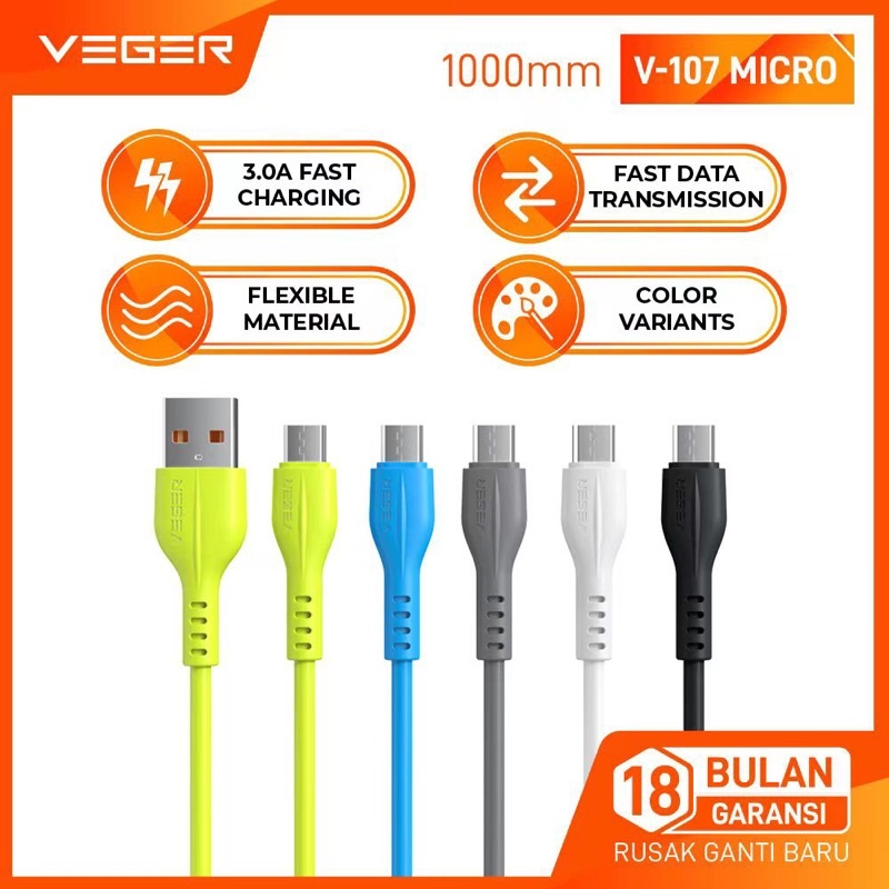VEGER V-107 Micro Usb QC3.0 สายชาร์จข้อมูลเร็ว 1 เมตร