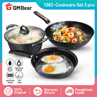 GM Bear Panci Penggorengan Set Marble Coating 1382 - Arria Panci Set 3psc